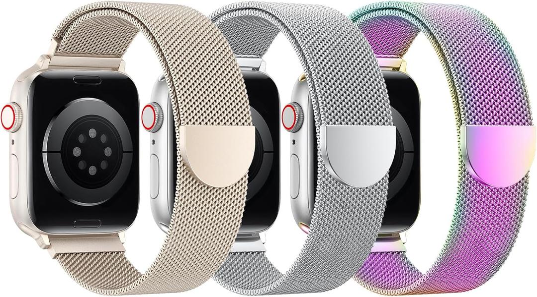 BELONGME 3 Pack Mesh Loop Compatible with Apple Watch Bands for Women Men 40mm 41mm 38mm 42mm 44mm 45mm 49mm 46mm Series 11 10 9 8 7 6 5 4 Ultra3 SE3 2, Stainless Steel Metal Magnetic Strap for iWatch (Starlight+Silver+Rainbow)