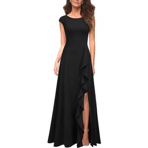 MUSHARE Women's Cocktail Dresses with Pockets Ruffled Sexy Split Party Long Formal Dress (Black, L)