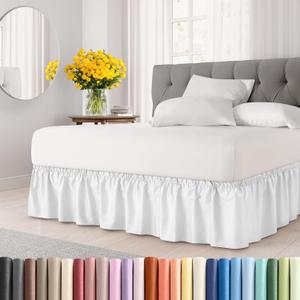 Wrap Around Dust Ruffle Bed Skirt - White - for Queen Size Beds with 15 Inch Drop - Elastic Strap - Adjustable Pleated Bedskirt with Brushed Fabric and Wrinkle Free - For Women, Men, Kids & Teens