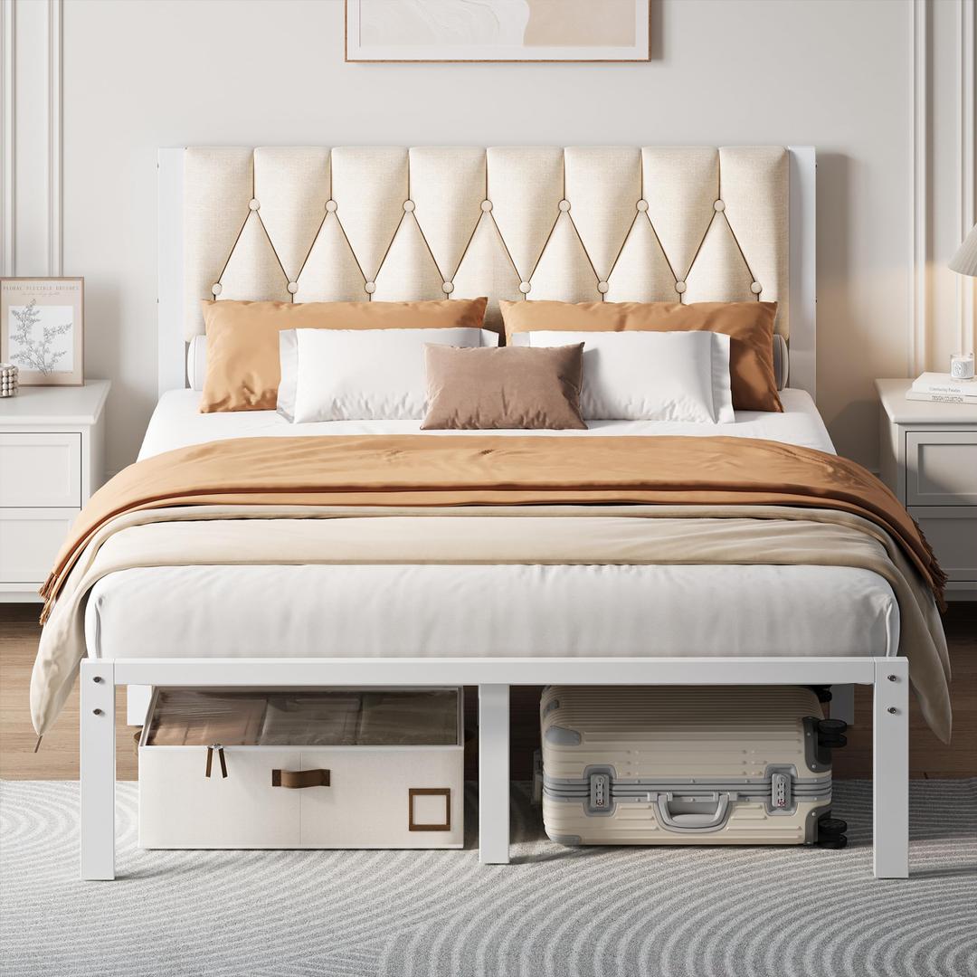 Decofy Twin Size Upholstered Bed Frame with Tufted Headboard and Raised Footboard, Metal Platform Bed Frame, Easy Assembly, Noise Free, No Spring Box Needed (Beige)