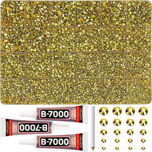 31000Pcs Gold Resin Rhinestones for Bedazzling, Gold Bedazzle Gems Flatback, Bling Stones Flat Back Diamond Jewel Crystal Bedazzled for Clothes Crafts Crafting 2-6mm Assorted Size Bulk and b-7000 Glue (Large Pack + 3pcs Glue)