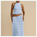 Women Sexy Halter Neck Tiered Pleated Crop Camisole Sleeveless Backless Slim Fit Lace Trim Ruffle Crop Tank Top