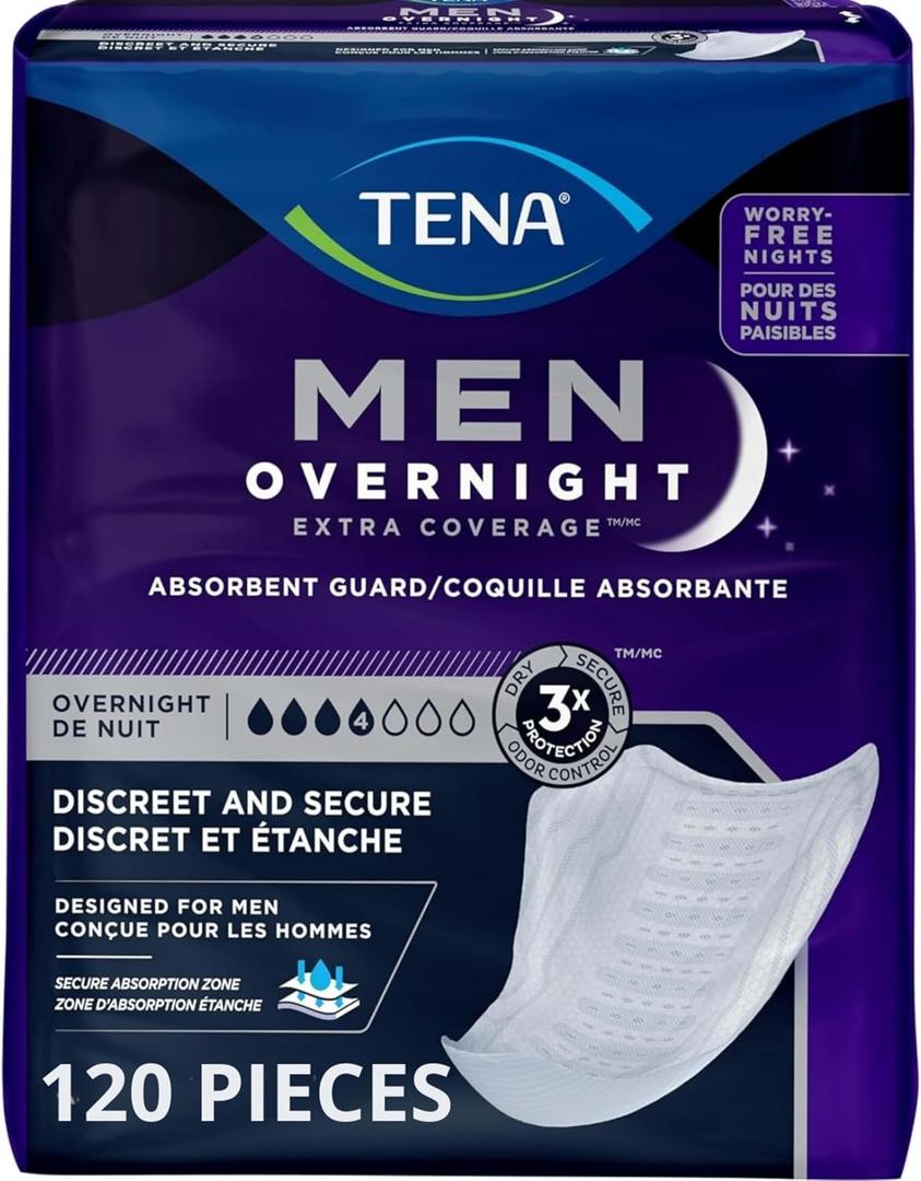 TENA Men Overnight Incontinence Guard, Bladder Control, Discrete, Overnight Absorbency, 120 Count