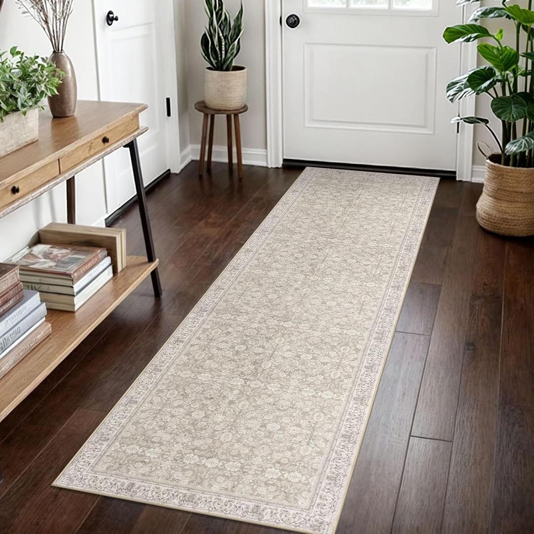 SIILOOM 2x7 Washable Runner Rug for Hallways, Cream Beige Yellow White Grey Soft Classic Kitchen Rugs with Non-Slip, Non-Shedding Distressed Floral Rug for Hallway Entryway Bathroom Laundry Indoor