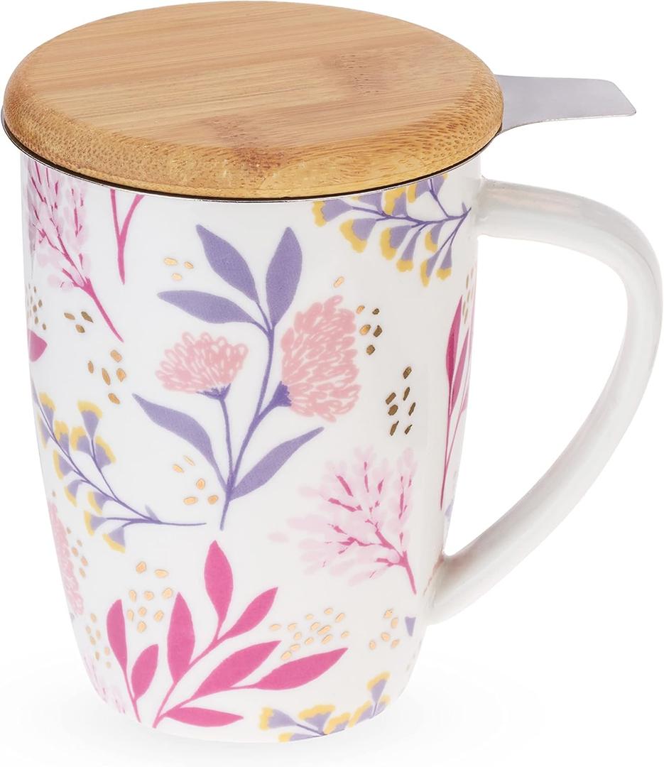 Pinky Up Bailey Ceramic Tea Mug and Loose Leaf Tea Infuser, Loose Leaf Tea Accessories, Tea Tumbler Cup, Botanical Design, 12oz