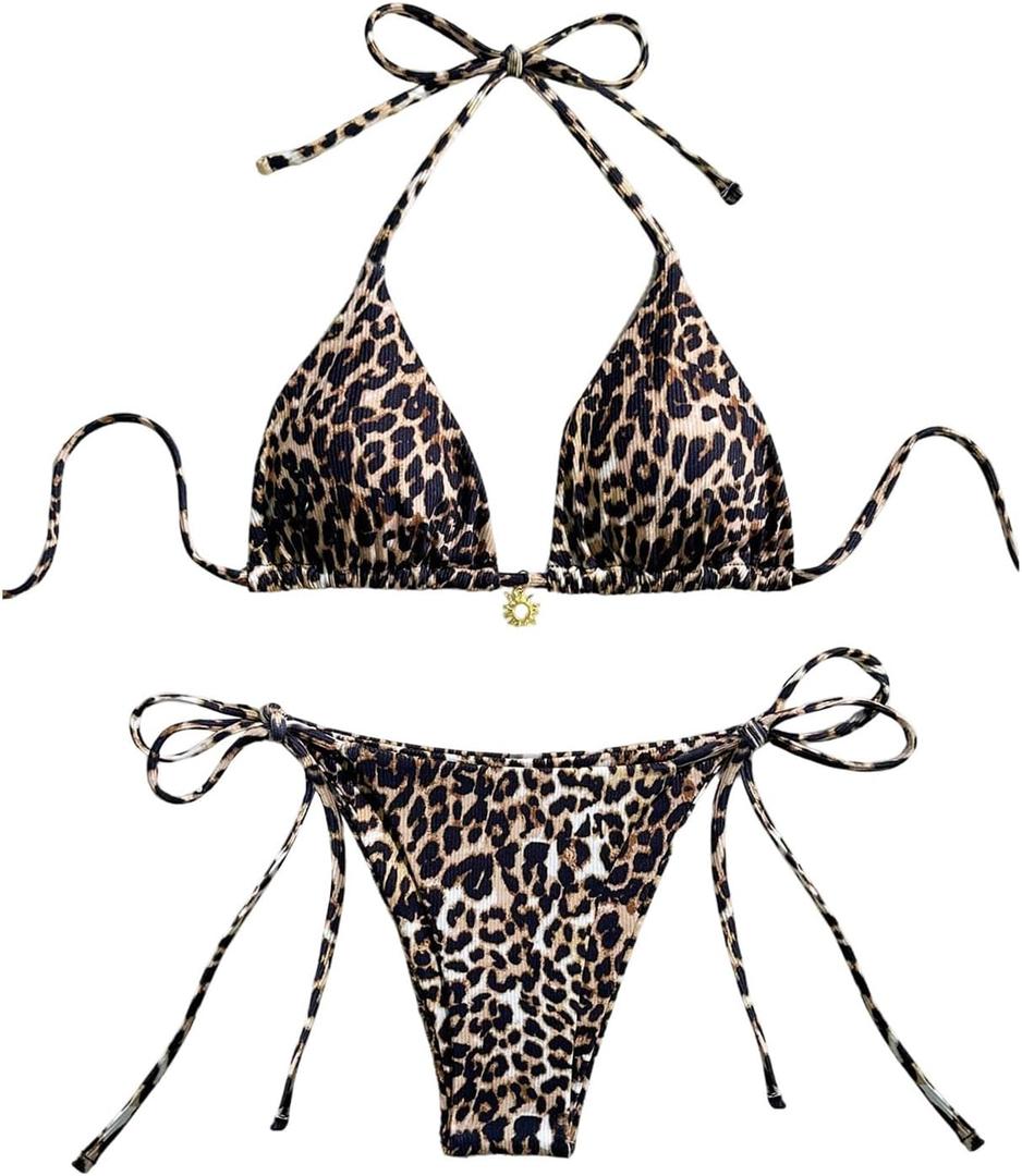 SHENHE Women's String Bikini Set Leopard Print Halter Triangle Side Tie Cheetah Swimsuits 2 Piece (Coffee Brown), S