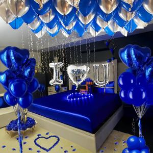 I Love You for Him/Her Balloons 56pcs Royal Blue and Sliver balloon kit Include 18 Inch Heart Shaped Balloons and 500 Blue Artificial Rose Petals Romantic Decoration Kit for Valentines Party