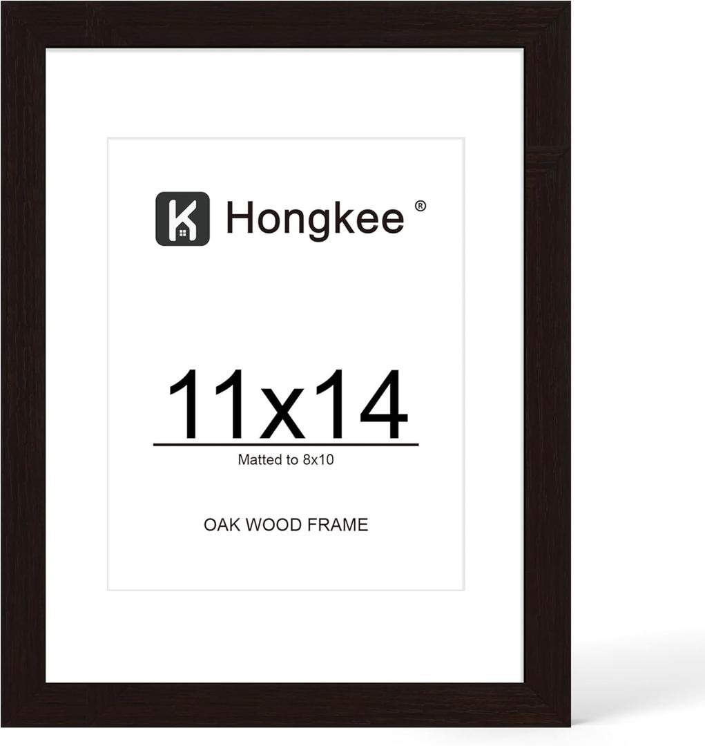11x14 Oak Wood Picture Frame, Display Photos 8 x 10 with Mat or 11 x 14 without Mat - Tempered Glass Cover, Horizontal and Vertical Display for Wall or Tabletop (Black, Set of 1)