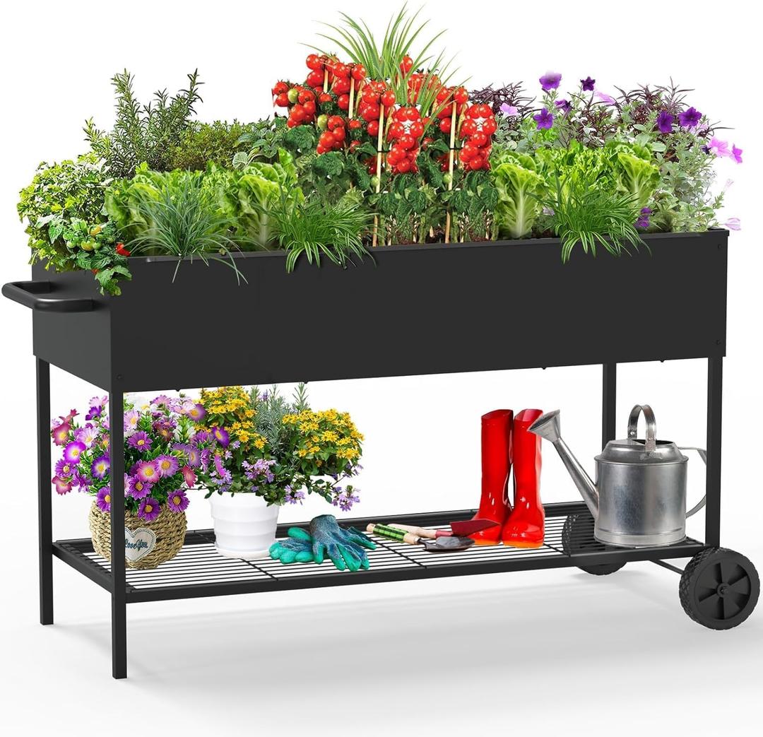 JWPEHOE 51 26 31.5 Inches Raised Garden Bed with Legs/Storage Shelf, Mobile Planter Box for Outdoor Plants, Elevated Garden Bed for Backyard, Balcony, Black