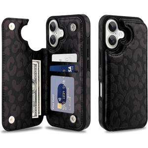 SOKAD for iPhone 16 Leather Wallet Case with Card Holder for Women Men, Trendy Leopard Cheetah Pattern, Double Magnetic Clasp Flip Phone Cover with 3 Card Slots, Black Leopard