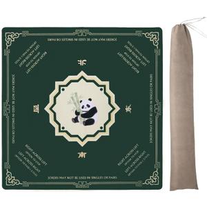 Chinoiserie Mahjong Mat for Table with Rules- 32"32" Noise Reduction and Anti-Slip, Panda Bamboo Pattern, Game Shuffler for Mahjong Cards, Poker Cards, Board Games, Mah Jongg Accessories. (Green