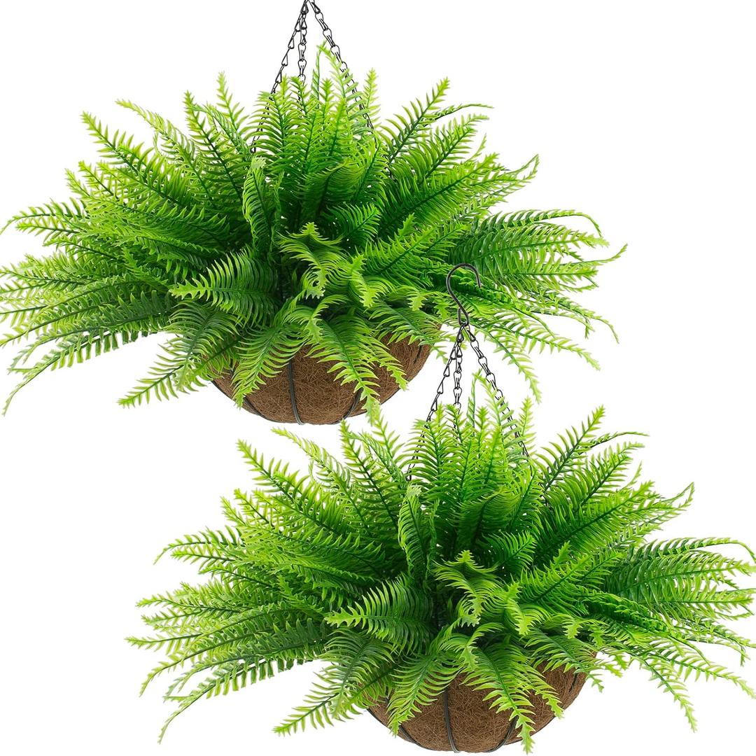 Lovemoon Fake Ferns Plant Baskets,2PCS Artificial Hanging Plants,2 Hanging Planters with 24 Pcs Leaves for Indoor Outside Decorations for Front Porch Garden Balcony Patio Home Decor (2, Light Green)