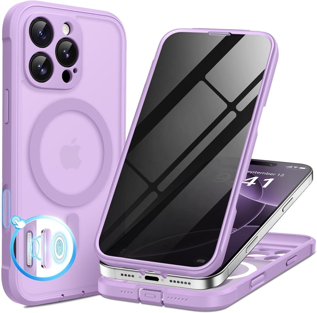 BERFY for iPhone 16 Pro Case, Compatible with MagSafe, Built-in Privacy Screen Protector, Camera Protection, Shockproof Full Body Phone Case 6.3", Translucent Lavender