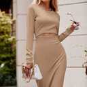 PRETTYGARDEN Women's Long Sleeve Midi Bodycon Dresses Casual Crewneck Cut Out Ribbed Knit Fitted Pencil Dress (Brown, L)