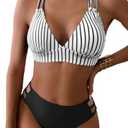 Fanuerg Women's V Neck Bikini Sets Hollow Out Push Up Swimsuit Criss Cross Back Two Piece Bathing Suit Black Stripe XL
