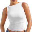 SUUKSESS Women Double Lined Going Out Basic Tank Tops Ruched Summer T Shirts (White, XL)