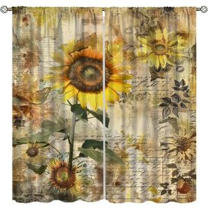 Sunflower Curtains, Country Style Sunflower Wood Window Decor for Living Room Bedroom Yellow Floral Farmhouse Country Curtains 2 Piece Set, 42x45 Inch