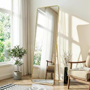 Delma Full Length Mirror, Floor Standing Full Body Mirror for Bedroom, Wall Mounted, Freestanding or Leaning, Rounded Corners Rectangle Design for Living Room, Bedroom or Dressing Room(Gold)
