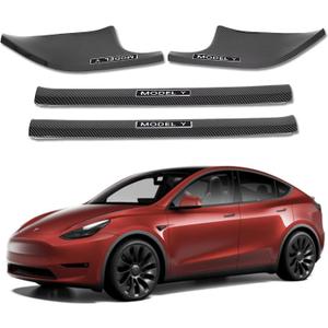 FLAMPETUS Door Sill Protector for Tesla Model Y, 4 Pieces Door Entry Protectors Strips for Inner Side, Tesla Model Y Accessories 2021 2022 2023 2024 for 5-Seater, Glossy Carbon Fiber Pattern