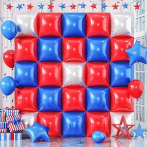 Blue Red Square Balloon Foil, 25PCS Double Sided Royal Blue Red and Metallic Silver Square Foil Balloon Backdrop Wall for 4th of July Independence Day Memorial Day Baseball Sport Birthdays Graduation