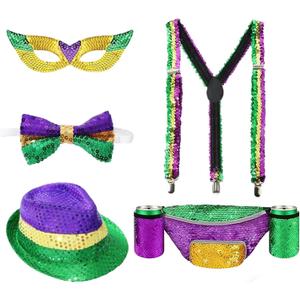 5Pcs Carnival Outfit for Men Include Sequin Fedora Hat Suspenders Bow Tie Masquerade Mask Fanny Pack,Glitter Waist Pack with 2 Drink Holders,Carnival Costume Accessories for Women