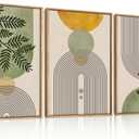 Large Boho Sage Green Framed Canvas Wall Art Set,Abstract Beige Arch Lines Wall Decor,Modern Minimalist Leaf Artwork for Living Room,Bedroom,Office-24 x36 x3