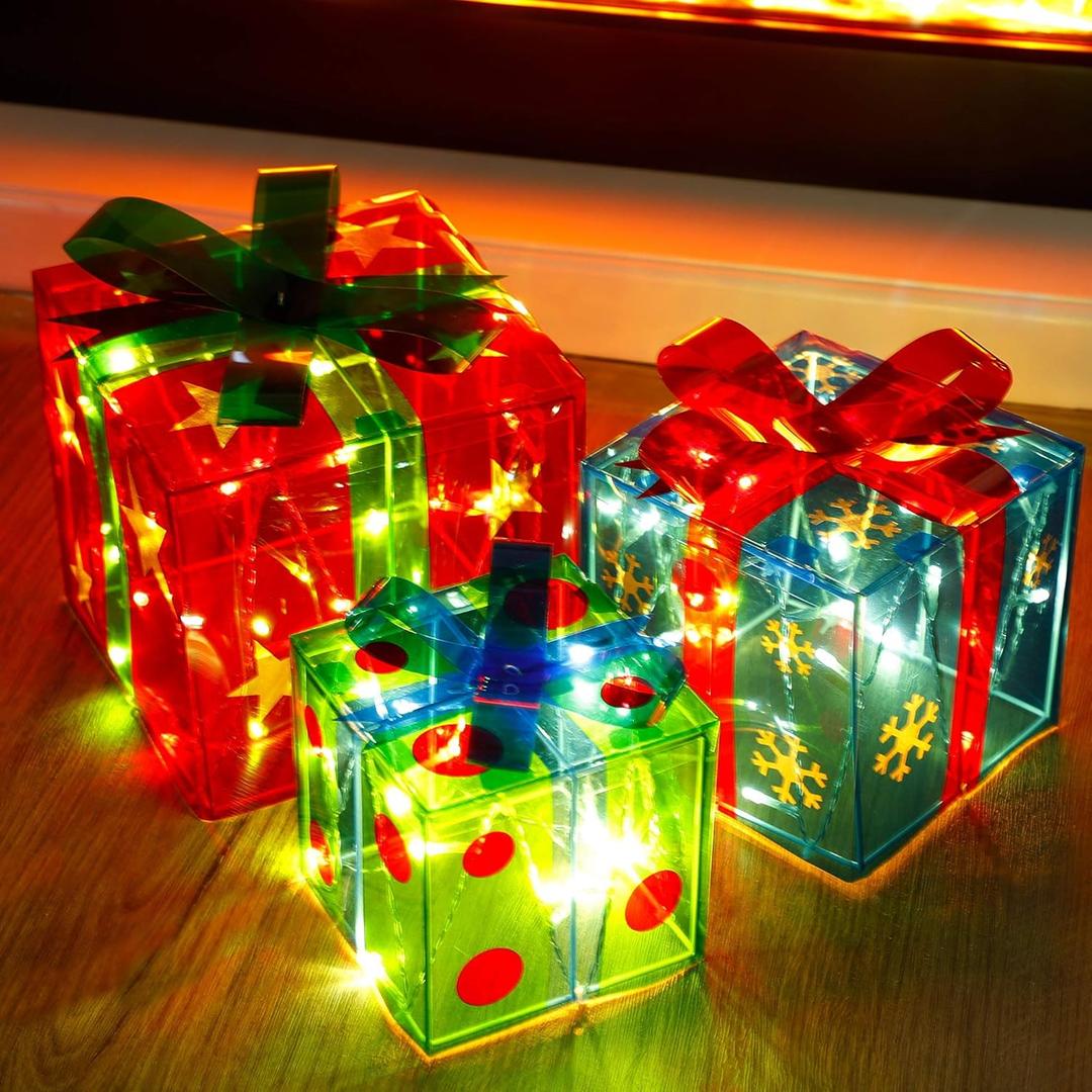 ATDAWN Set of 3 Outdoor Lighted Holiday Displays, Snowflake Star Pre-lit Present Boxes, Christmas Home Decorations
