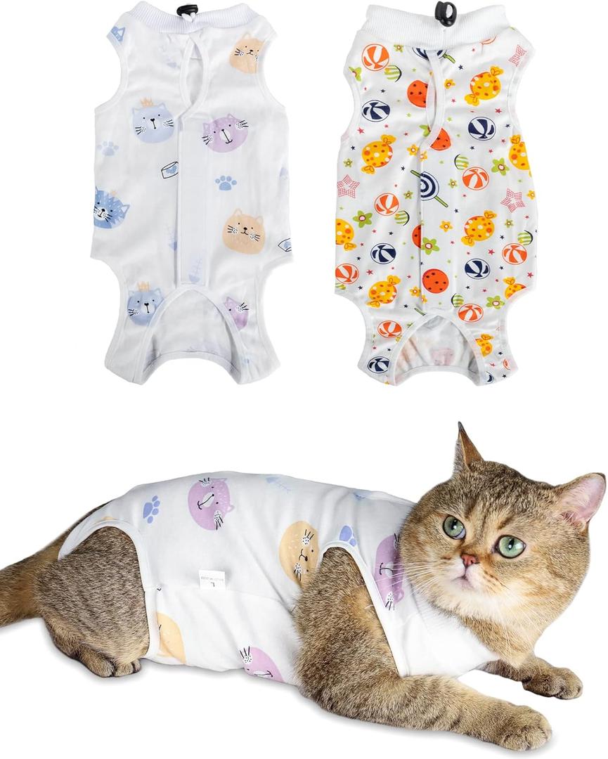 ANWA 2 Pack Cat Recovery Suit - Breathable Cat Onesie for Cats After Surgery Female, Kitten Surgery Recovery Suit Female Abdominal Wounds M