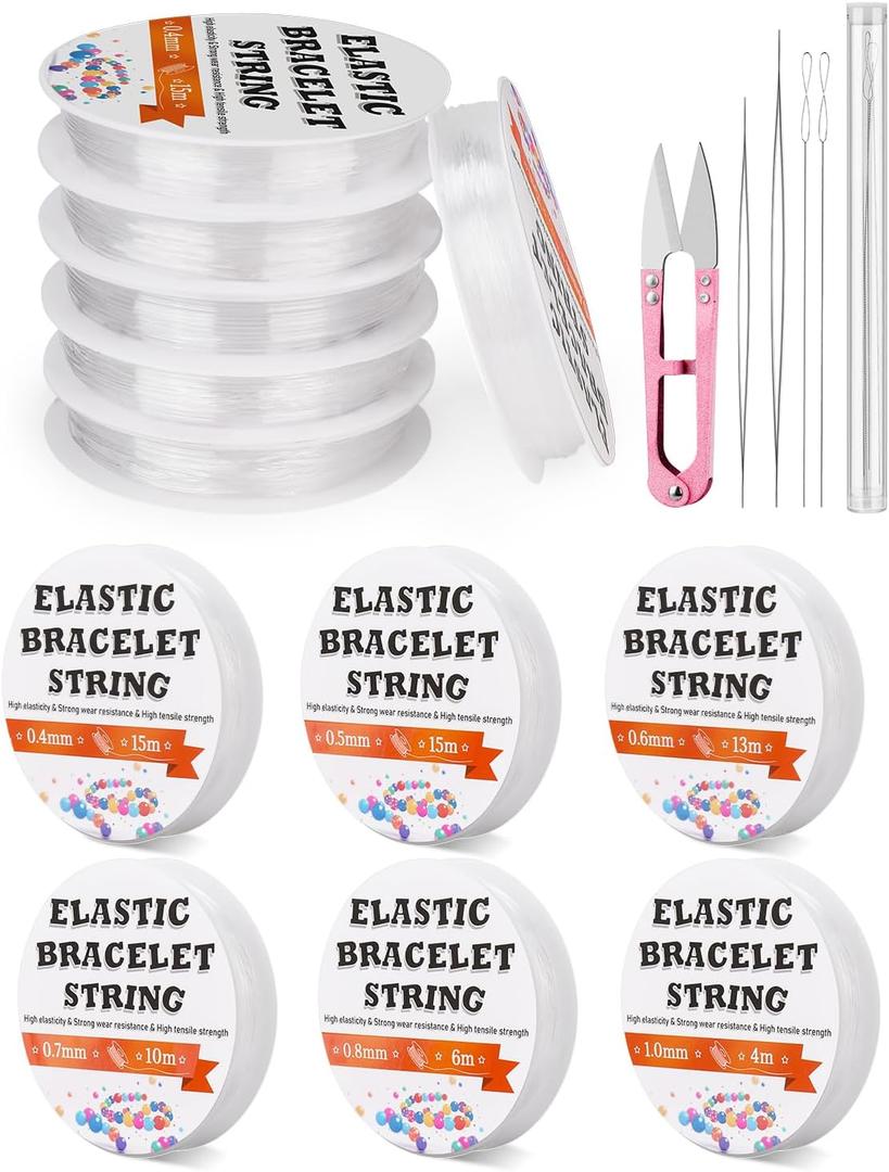 JUPEAN 6 Sizes Stretchy Bracelet String Elastic String for Bracelet Making Jewelry Making Supplies Easy to Knot with Jewelry Making Supplies Beading Needles and Container for Storage