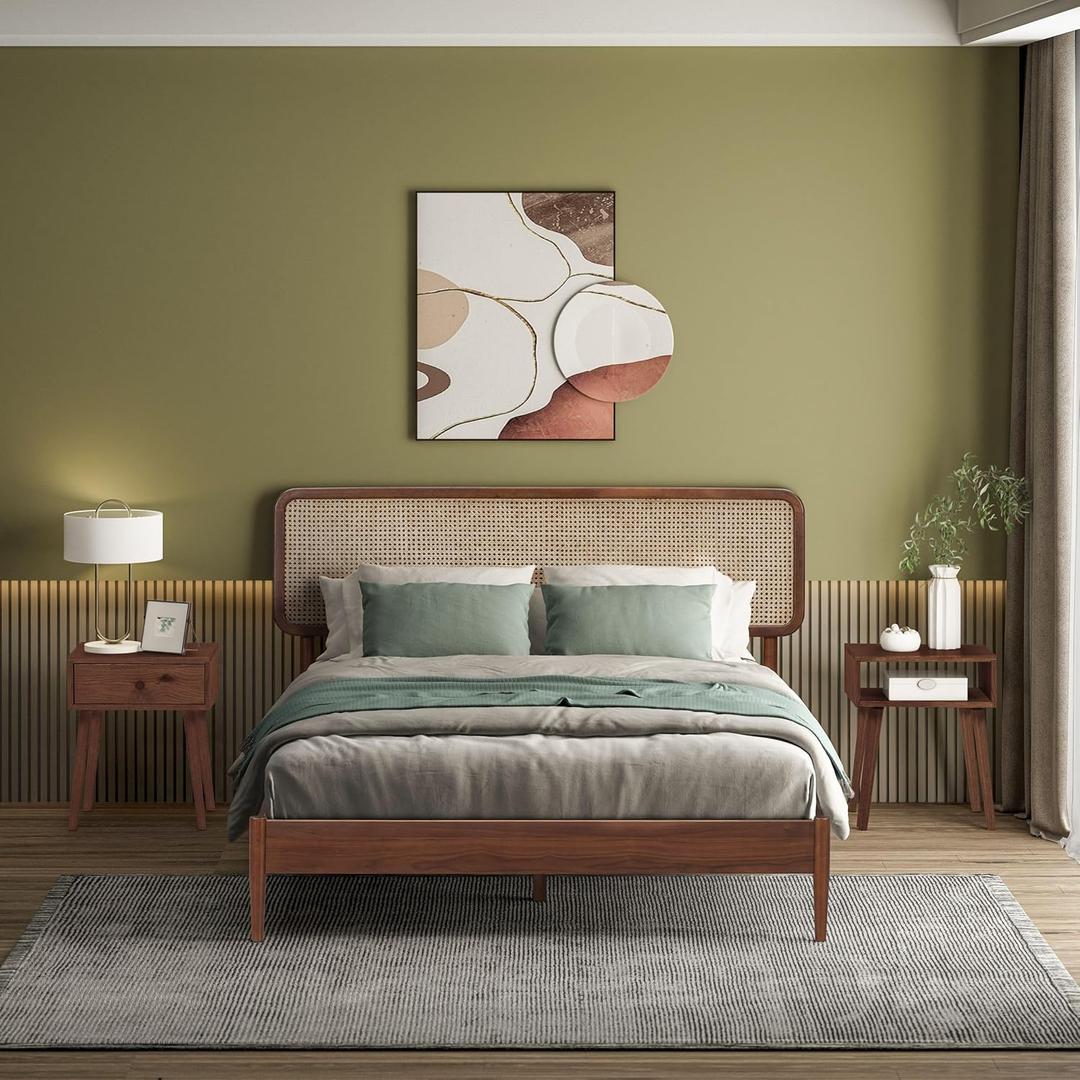 NTC Lupin Wooden Bed Frame with Headboard and Natural Rattan, Solid Oak/Rubber Wood Foundation with Silent Slats, 1000 Lb Capacity, Effortless Assembly (Natural Cane - Dark Walnut, Queen)