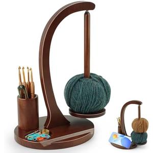 Sewovvmu Crochet Yarn Holder, Yarn Spinner for Crocheting with Phone Stand & Crochet Accessories Storage, Crochet Gift for Knitting Lovers (Brown)