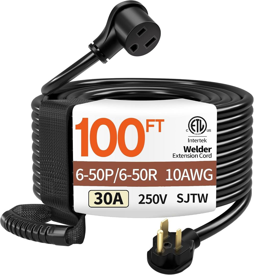 100FT 30 Amp 10 Gauge 3 Prong Welder Extension Cord, NEMA 6-50P to NEMA 6-50R, Heavy Duty 250V Welding Extension Cable for Lincoln, Plasma, Miller, SJTW, ETL Listed