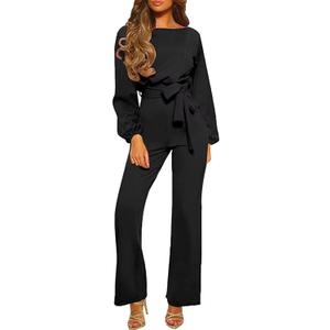 Womens Dressy Jumpsuits Long Sleeve Belted Wide Leg Pant Romper Jumpsuit Wedding Guest Outfits (Medium, Black)