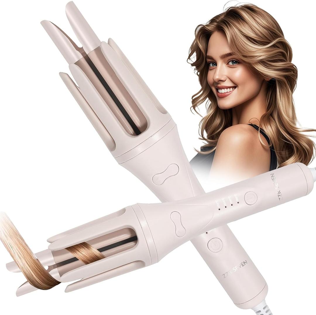 Automatic Curling Iron, 1.25 Inch Hair Curler with 4 Temp. Options, 10S Fast Heating, 2-Way Rotation, 30 Min Auto Shut-Off, Anti-Scald-Tangle for Long Hair, Dual Voltage for Travel (Khaki)