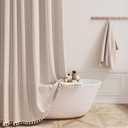 BTTN Extra Long Shower Curtain - 72x84 Long Boho Chic Striped Tassel Linen Fabric Shower Curtain Set with Hooks, Tall Modern Farmhouse Aesthetic Weighted Cloth Shower Curtains for Bathroom - Tan/Taupe