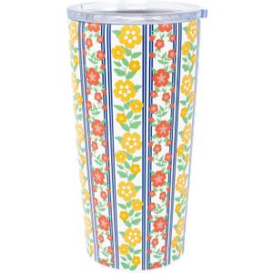 Martha Stewart Insulated Coffee Tumbler, 16 Ounce Stainless Steel Travel Mug with Lid, Double-Wall Design for Hot or Cold Beverages, Floral Stripe