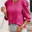 Tankaneo Womens 3/4 Length Sleeve Tops Dressy Casual Blouse Puff Sleeve Cute Trendy T Shirts with Smocked Cuffs (Pink, L)