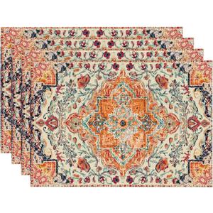 Artoid Mode Boho Placemats Set of 4, Daily Orange Teal Flowes Bohemia Table Mats for Home Party Dining Decoration 12x18 Inch, 12" X 18", Rectangular 4 Pcs