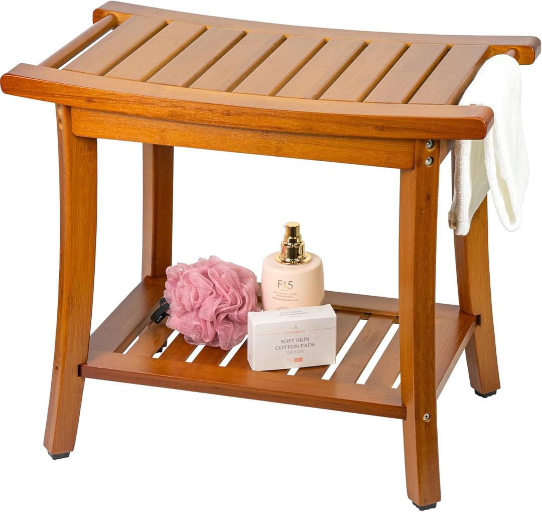 Utoplike Bamboo Shower Bench with Storage, Wood Shower Stool with Handles, Bathroom Seat for Towels, Spa, Inside Shower, Brown Finish