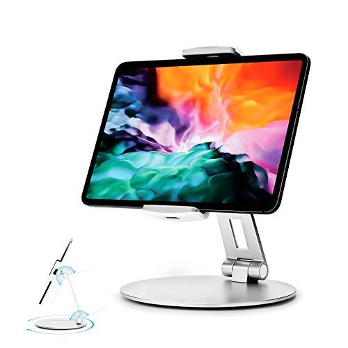 Stouchi Tablet Stand, 360°Tablet Swivel Base Holder, Adjustable Desk Mount Desk Stand with Heavy-Duty Base for iPad Pro Air Mini, Kindle, iPhone 4.7-13" Devices Silver