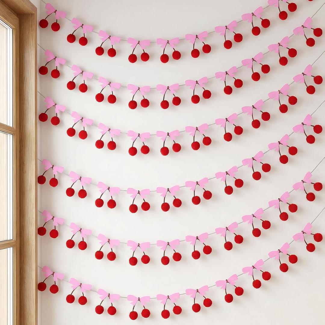 9 Pcs Cherry Bow Garland Decor, 8.2 Ft Summer Cherries Party Decoration DIY Fruit Hanging Ornaments Pom pom Felt Bunting Banner for Birthday Bachelorette Wedding Party Christmas Favors