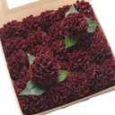 Floroom Artificial Dahlia Flowers 25pcs Real Looking Burgundy Foam Fake Roses with Stems for DIY Wedding Bouquets Dark Red Bridal Shower Centerpieces Floral Arrangements Party Tables Home Decoration