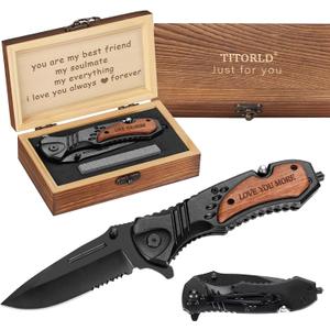 Gifts for Men Dad Him Fathers Day, Anniversary Birthday Gifts ideas for Boyfriend Husband, Engraved Pocket Knife, Wooden Handle Folding Knife with Wood Box, Unique Outdoor Camping Hunting Fishing Tool
