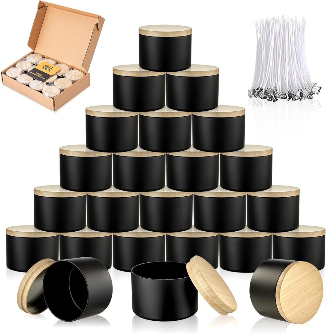 MGLIFEUL Candle Tins Jars Container Vessels for Making 4 8 Oz Black Empty Candle Tins Can Gift Box Packaging Plate with Lids Wax Container Bulk Making DIY Candle Supplies Accessories(Black,8oz,24pcs)