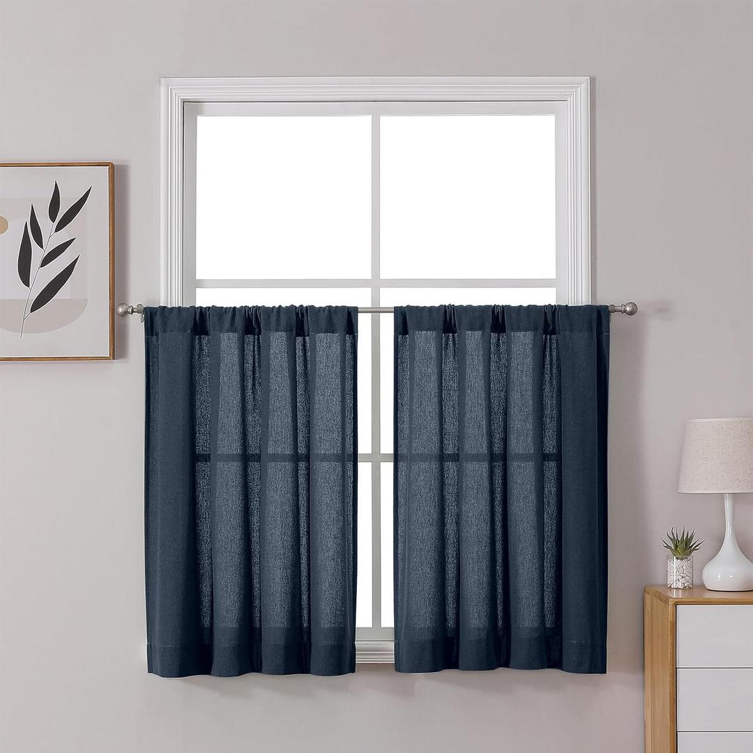 OWENIE Colin Short Navy Blue Cafe Curtains Tiers 36 Inch Length 2 Pieces, Modern Linen Textured Semi Sheer Soft Light Filtering Panels for Basement Bathroom Small Windows, 2 Panels, 42x36 Inch
