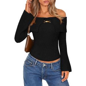 MEROKEETY Women's Off Shoulder Sweater 2025 Fall Cute Bell Long Sleeve Ribbed Knit Winter Pullover Knit Outfits (X-Large, Black)