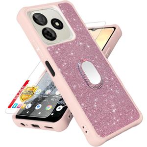 Compatible with BLU G65L Case [with Tempered Glass Screen Protector][Mirror Ring][Glitter Powder] for Pinwheel Genesis 4 Leather Phone Case Cover (CSK-Pink)