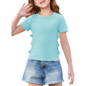 Haloumoning Girls Short Sleeve Shirts Kids Summer Casual Side Bow Knit Tops Tees 5-14 Years (Blue)