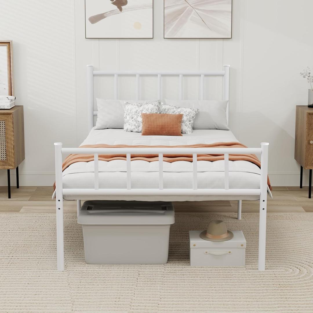 Metal Platform Twin Bed Frame with Headboard Sturdy Steel Slats Support No Box Spring Needed Easy Assembly White