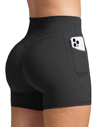 Olmlmt Biker Shorts Women with Pockets High Waisted Spandex Workout Shorts for Yoga Gym Running (Black, M)